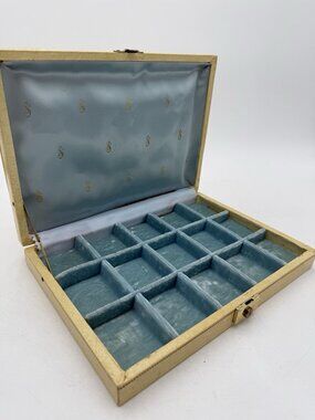 Vintage Jewelry Box Cream Blue Velvet MCM Divided Storage Organizer